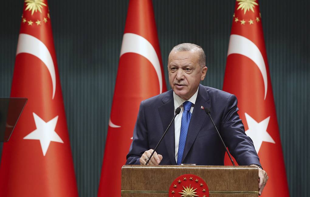 Turkey's President Recep Tayyip Erdogan speaks after his cabinet's meeting, in Ankara, Turkey, Monday, Sept. 7, 2020. On Monday, Erdogan characterized Greece's army as "dilapidated" and called on the country to seek a dialogue with Turkey. He also criticized the EU which has shown solidarity with Athens in the dispute.(Turkish Presidency via AP. Pool)