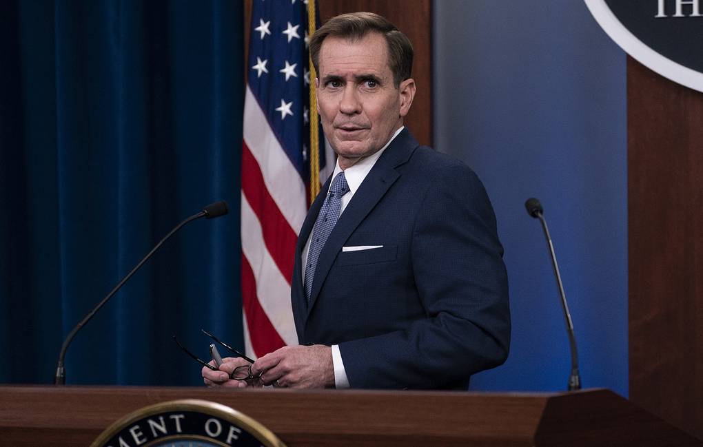 Pentagon spokesman John Kirby departs after speaking during a media briefing at the Pentagon, Wednesday, Feb. 17, 2021, in Washington. (AP Photo/Alex Brandon)