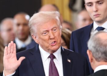 Donald Trump is sworn in as US president in the Rotunda of the US Capitol in Washington, on January 20, 2025. Trump takes office for his second non-consecutive term as the 47th president of the United States. (Photo by Kevin Lamarque / POOL / AFP)