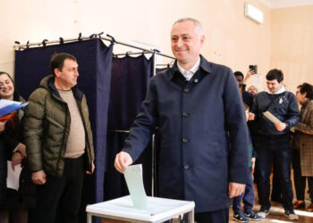 The Republic of Abkhazia. Sukhum. February 15th, 2025. Presidential candidate of the Republic of Abkhazia Badra Gunba during voting at a polling station