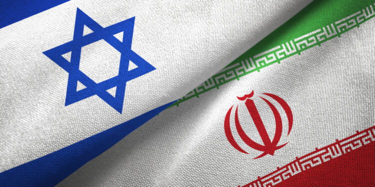 Israel and Iran flags together textile cloth, fabric texture