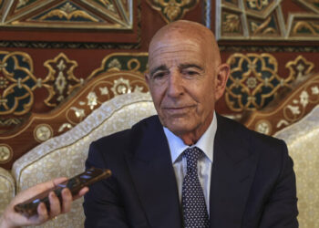 U.S. Ambassador to Turkey and Special Envoy to Syria Tom Barrack speaks during an interview with The Associated Press at the airport in Damascus, Syria, Wednesday, July 9, 2025. (AP Photo/Ghaith Alsayed)