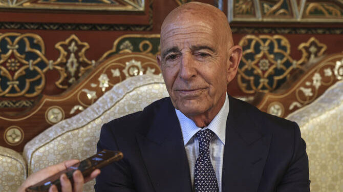 U.S. Ambassador to Turkey and Special Envoy to Syria Tom Barrack speaks during an interview with The Associated Press at the airport in Damascus, Syria, Wednesday, July 9, 2025. (AP Photo/Ghaith Alsayed)