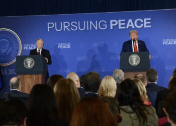 President Donald Trump and Russian President Vladimir Putin speak Friday, Aug. 15, 2025, at Joint Base Elmendorf-Richardson in Anchorage, Alaska. (Photo by James Brooks/Alaska Beacon)