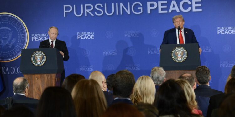 President Donald Trump and Russian President Vladimir Putin speak Friday, Aug. 15, 2025, at Joint Base Elmendorf-Richardson in Anchorage, Alaska. (Photo by James Brooks/Alaska Beacon)