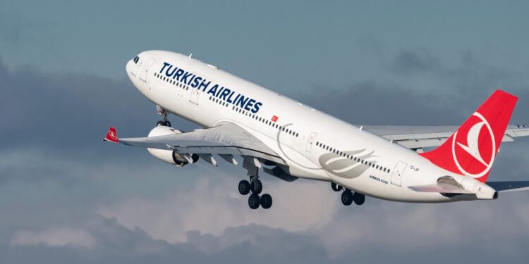 Zurich, Switzerland, January 19, 2023 Turkish airlines Airbus A330-223 aircraft is taking off from runway 28