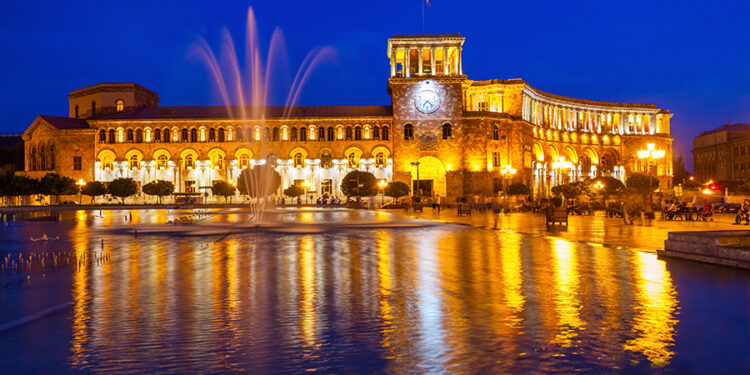 The Government of the Republic of Armenia at night, it is located on Republic Square in Yerevan, Armenia.
