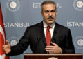 Turkish Foreign Minister Hakan Fidan gestures as he speaks during a press conference after a meeting with his counterparts from Saudi Arabia, Qatar, the United Arab Emirates, Jordan, Pakistan and Indonesia in Istanbul on November 3, 2025. Turkey on November 3, 2025, hosts a string of top diplomats from the Islamic world to bring their influence to bear on the future of Gaza, as fears grow for the increasingly fragile truce. The October 10 ceasefire in the two-year-long Israel-Hamas war, brokered by US President Donald Trump, has been sorely tested by continued Israeli strikes and claims of Palestinian attacks on Israeli soldiers. (Photo by Ozan KOSE / AFP) (Photo by OZAN KOSE/AFP via Getty Images)