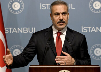 Turkish Foreign Minister Hakan Fidan gestures as he speaks during a press conference after a meeting with his counterparts from Saudi Arabia, Qatar, the United Arab Emirates, Jordan, Pakistan and Indonesia in Istanbul on November 3, 2025. Turkey on November 3, 2025, hosts a string of top diplomats from the Islamic world to bring their influence to bear on the future of Gaza, as fears grow for the increasingly fragile truce. The October 10 ceasefire in the two-year-long Israel-Hamas war, brokered by US President Donald Trump, has been sorely tested by continued Israeli strikes and claims of Palestinian attacks on Israeli soldiers. (Photo by Ozan KOSE / AFP) (Photo by OZAN KOSE/AFP via Getty Images)