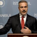 Turkish Foreign Minister Hakan Fidan gestures as he speaks during a press conference after a meeting with his counterparts from Saudi Arabia, Qatar, the United Arab Emirates, Jordan, Pakistan and Indonesia in Istanbul on November 3, 2025. Turkey on November 3, 2025, hosts a string of top diplomats from the Islamic world to bring their influence to bear on the future of Gaza, as fears grow for the increasingly fragile truce. The October 10 ceasefire in the two-year-long Israel-Hamas war, brokered by US President Donald Trump, has been sorely tested by continued Israeli strikes and claims of Palestinian attacks on Israeli soldiers. (Photo by Ozan KOSE / AFP) (Photo by OZAN KOSE/AFP via Getty Images)