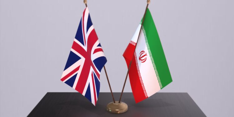 Iran and UK flag. Politics concept, partner deal beetween countries. Partnership agreement of governments 3D illustration.