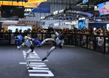 Humanoid robots by Unitree Robotics demonstrate kickboxing during the 2026 World Robot Conference, in Beijing, China, August 19, 2026. REUTERS/Tingshu Wang